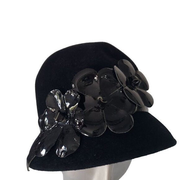 Vtg Frank Olive Patent Leather Flowers & Trim Black Wool Bucket Cloche Hat Boho main image 6